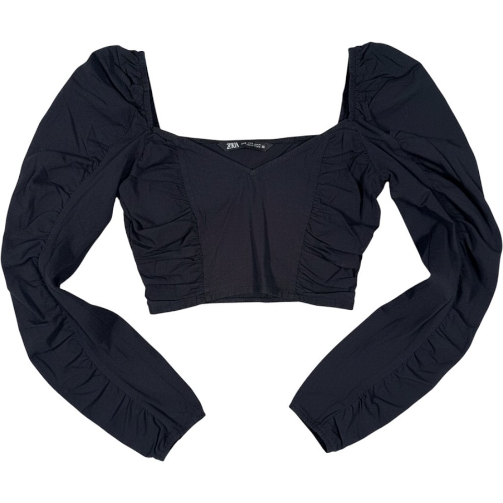 Zara Black Puff Long Ruched Sleeve Smocked Back Crop Top Chic Edgy Goth
